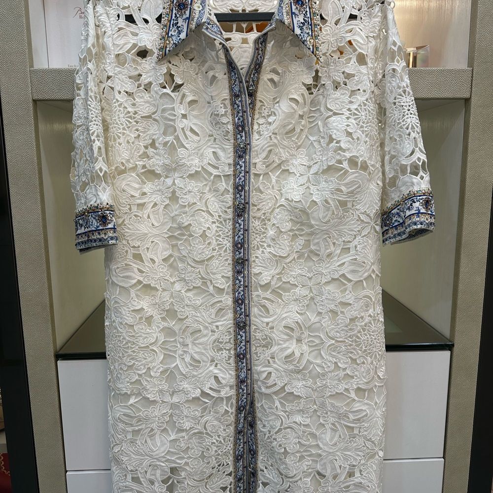 White Lace Shirt Dress with Blue Trim - Picture 10 of 10